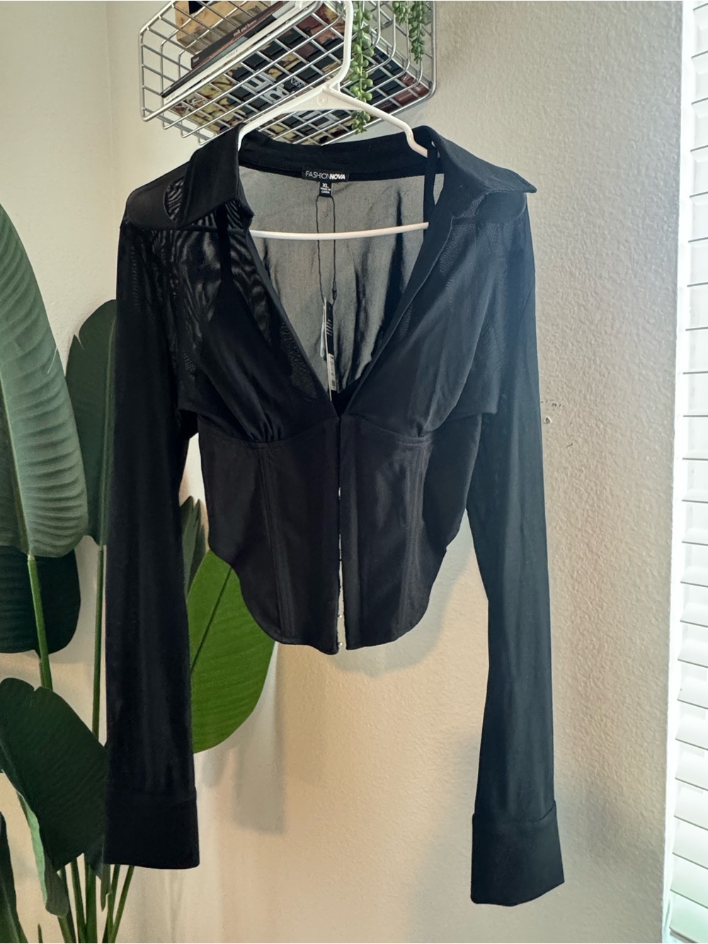 Fashion Nova Secret’s Out Mesh Black Long-Sleeve Corset Top